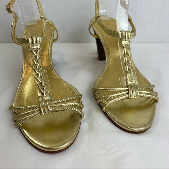 J. Crew “Paige” Metallic Gold Strppy Leather Braided Chunky Heel - Picture 5 of 14